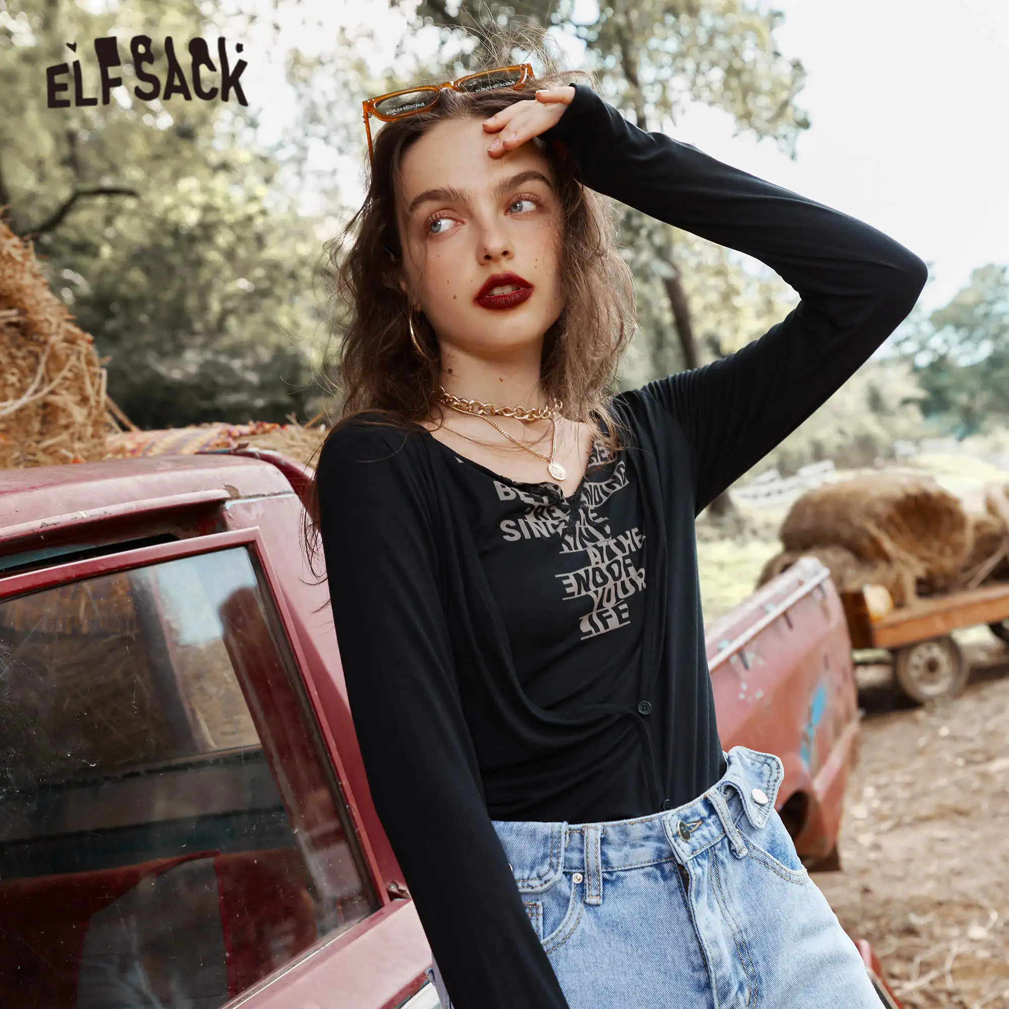 

ELFSACK Harajuku Letter Print Casual Pullover T-Shirts Women,2021 Autumn Vintage Full Sleeve Female Basic Daily Oversized Tops