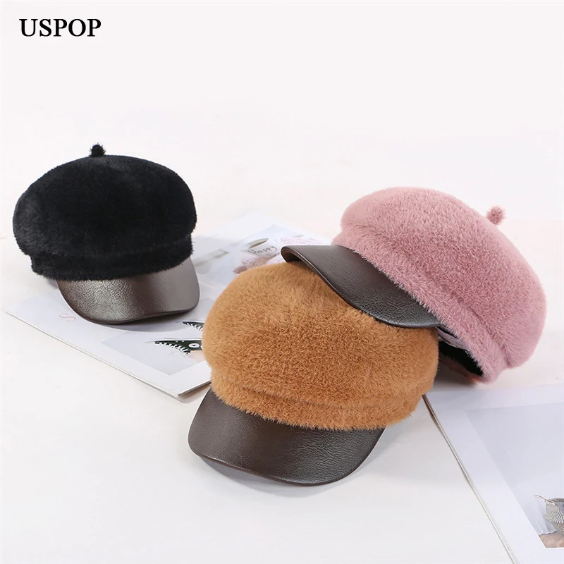 Женская шапка с козырьком USPOP Толстая теплая из норкового бархата восьмиугольным