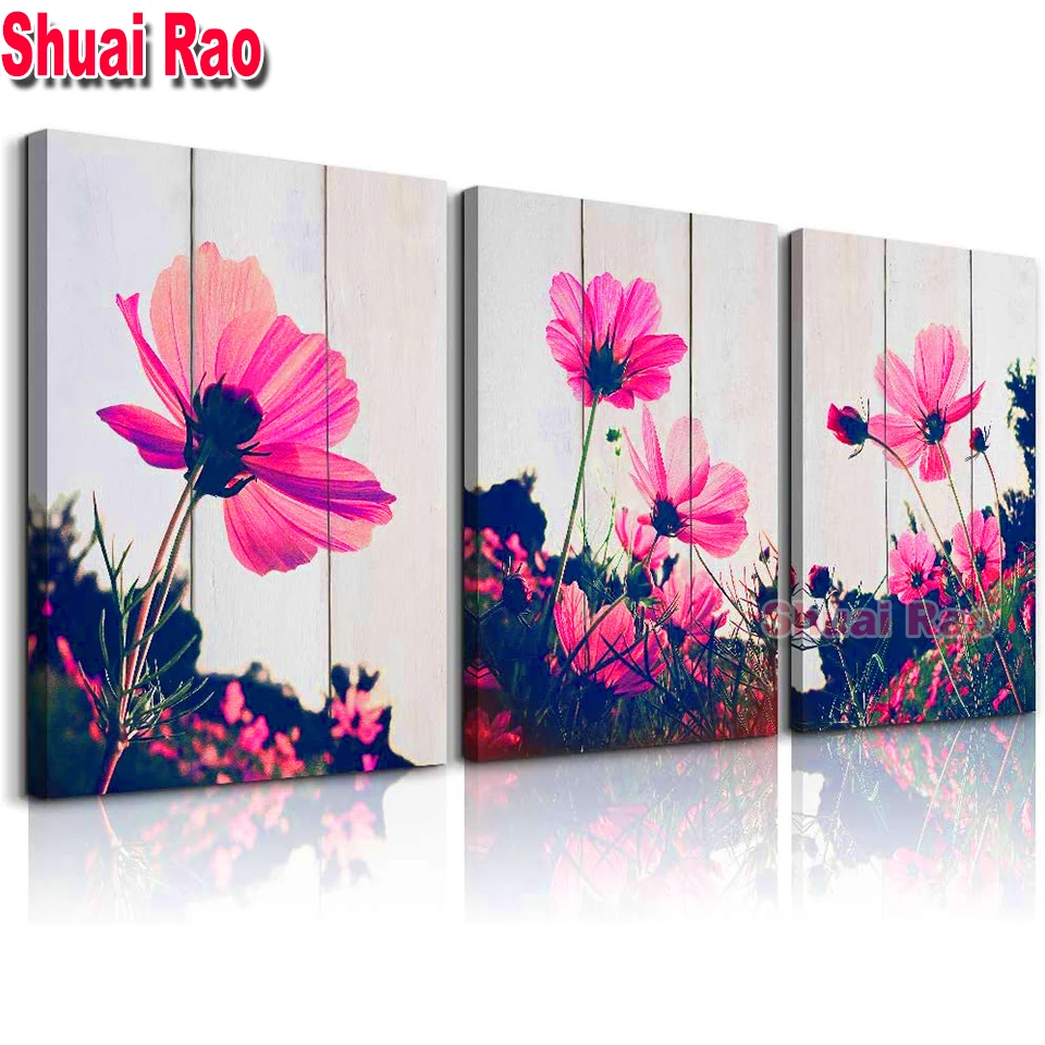 

3 Pcs/set Diamond Embroidery pink flower blooming Triptych painting Diamond Painting Full Square Round Dril,Kitchen wall Decor