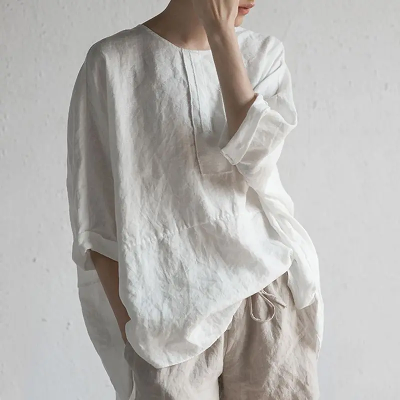 

Women's Shirt Casual Cotton Linen White Female Blouse Solid Color Fashion Woman Blouses 2021 Half Sleeve Round Neck Loose Tops
