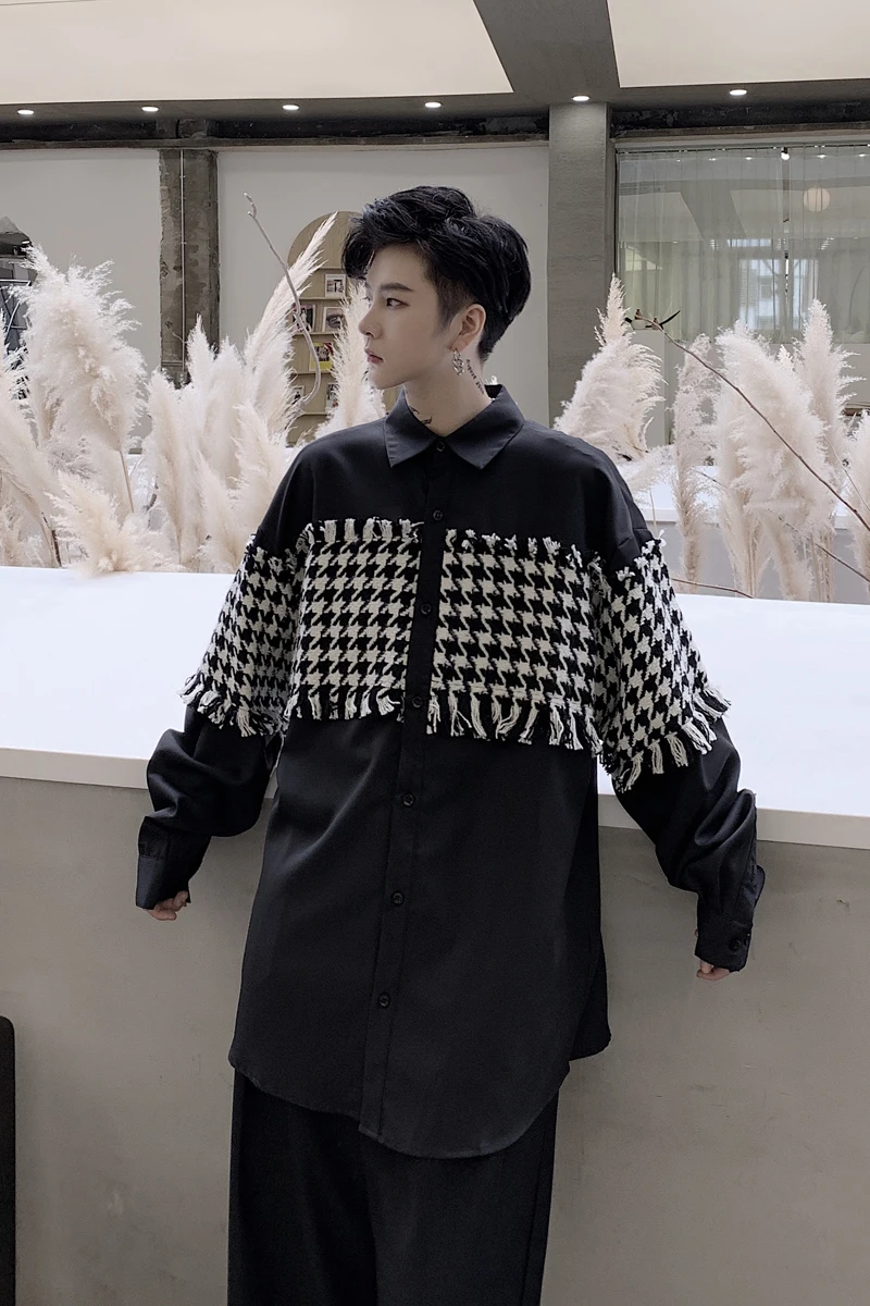 

2019 New personality thousand birds patchwork fabric tassel decoration men loose long-sleeved shirt