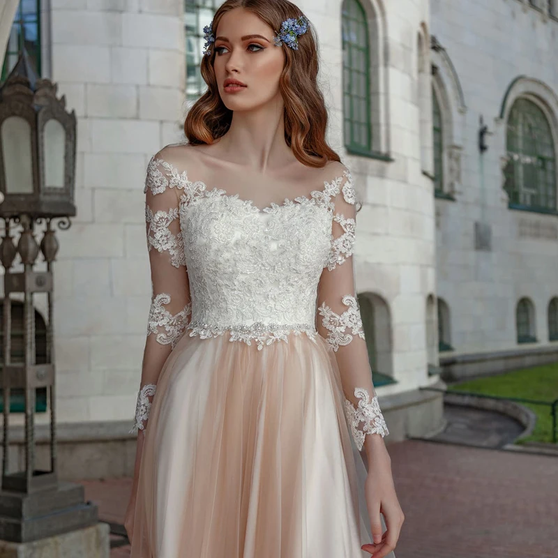 

Booma Elegant Lace Appliqued Wedding Dress Back illusin Beading Long Sleeve Bride Gowns A line Princess Vestido De Novia