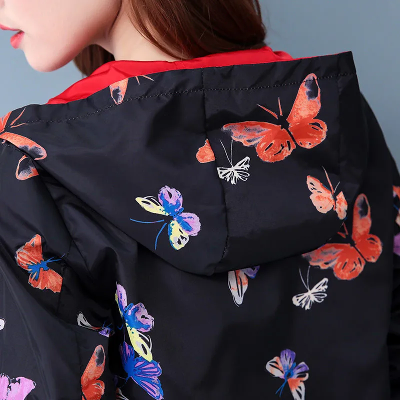 

2020 Spring Autumn Women Jacket fashion Hooded Coats Two Side Wear Cartoon Print Female Windbreaker Outwear Casual Loose Coat