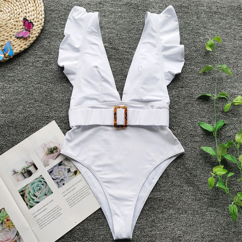 

Women Sexy Sleeveless Ruffles Swimsuit Deep V-Neck Backless Solid Color Monokini
