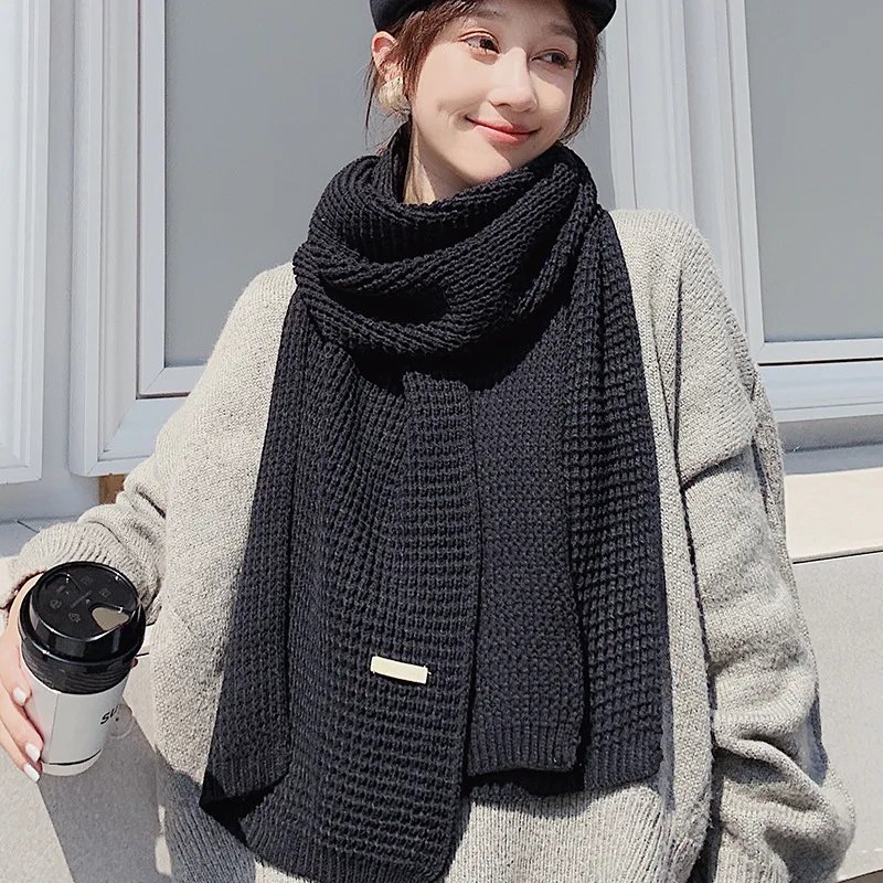 

Solid Color Knitted Scarf Men Women 2020 Korean Style New Autumn Winter Handmade Warm Jacquard Weave 200*30CM Large Shawls