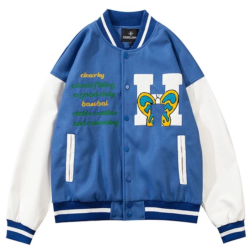 

Men Flocking Bomber Jacket Leather Stitching College Style Baseball Uniform Couple Cotton Retro Letter Embroidery Loose Jackets