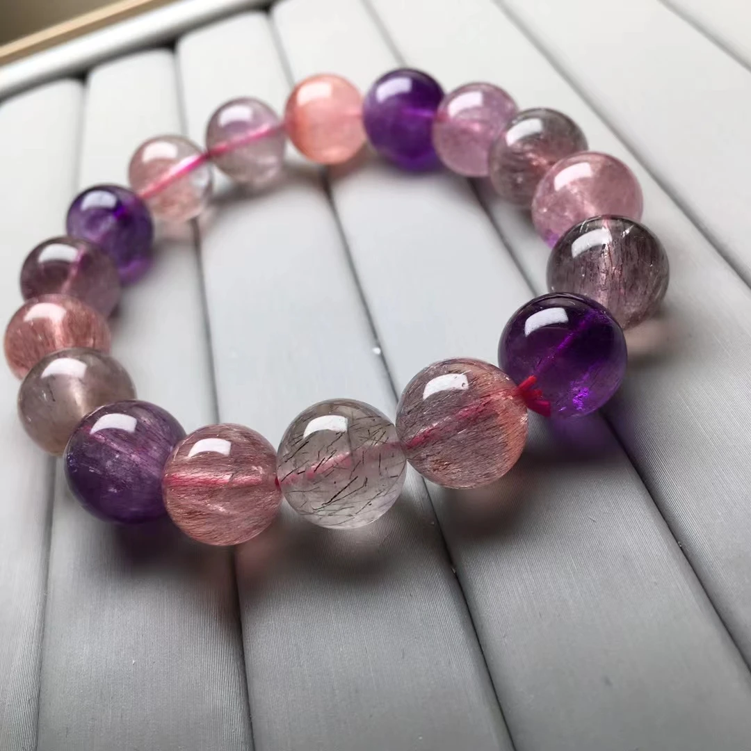 

12.5mm Genuine Natural Colorful Super Seven 7 Clear Round Beads Rutilated Quartz Bracelet Crystal For Women Men AAAAAA