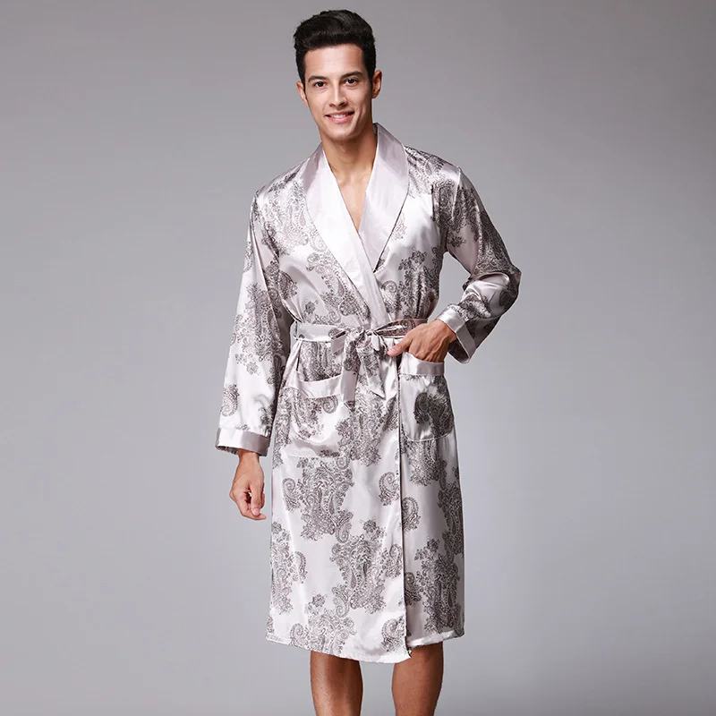 

W Spring and summer silk men's pajamas ice silk medium length home gown long sleeve home clothes