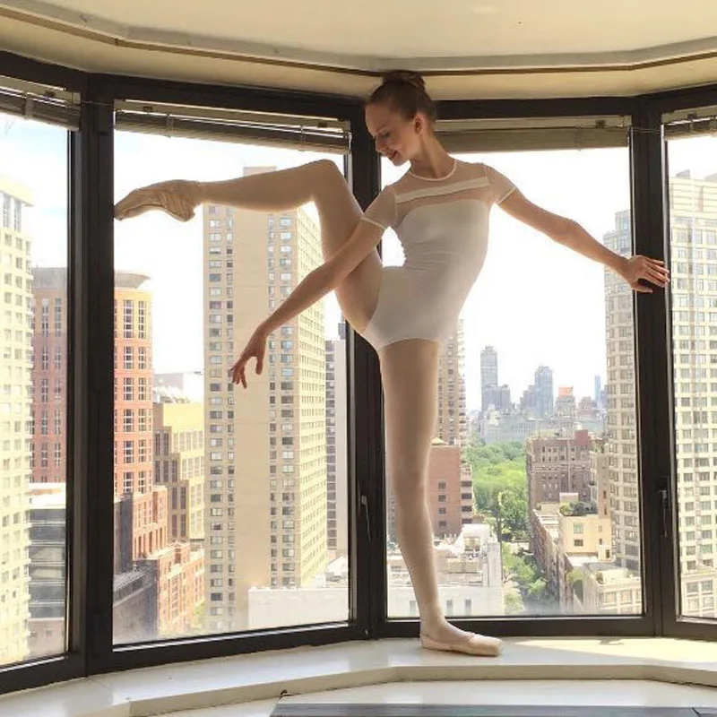 Женское балетное трико с коротким рукавом кружевное Сетчатое боди для