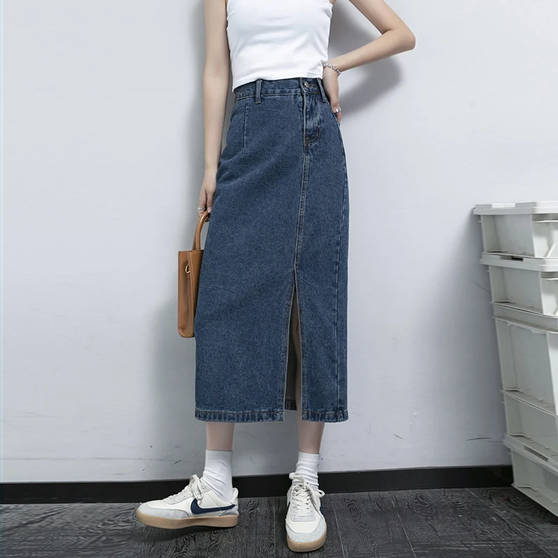

Plus Size Jean Skirts High Waist Split Denim Skirt Female 2021 New Spring Temperament Is Thin Mid-length Bag Hip Skirt XL