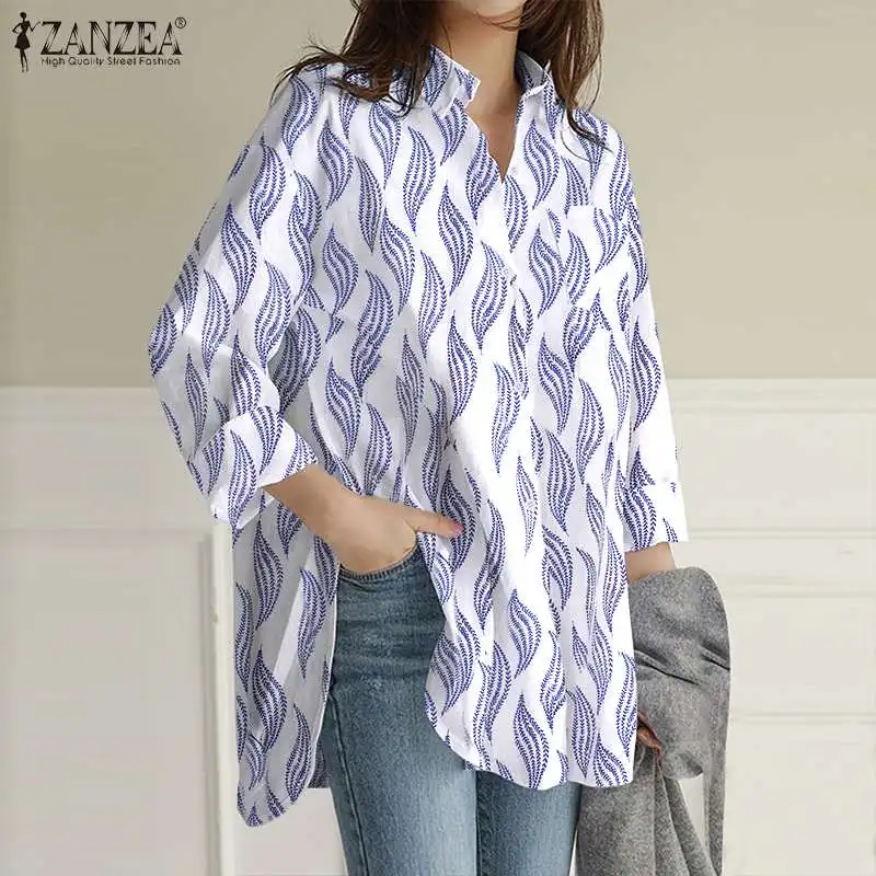 

Женская Офисная длинная рубашка Sleve, рабочая блузка, женские повседневные рубашки с принтом, осень 2021, высокие и низкие топы, туника ZANZEA, боль...