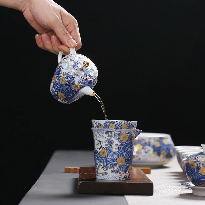 Звездный эмалированный заварочный чайник керамический синий с узором домашний