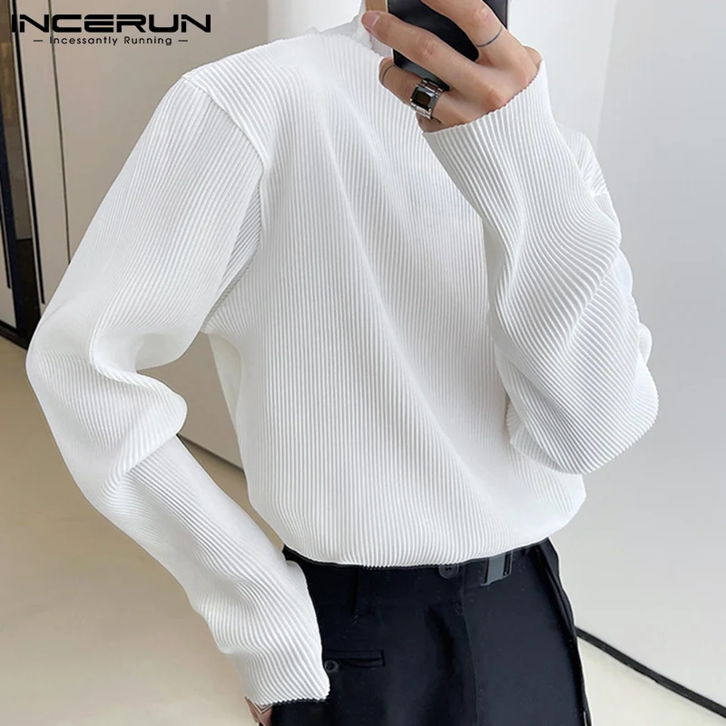 

Stylidh мужские Плиссированные футболки с воротником средней высоты свободные однотонные подходящие ко всему Футболки с длинным рукавом Нижн...