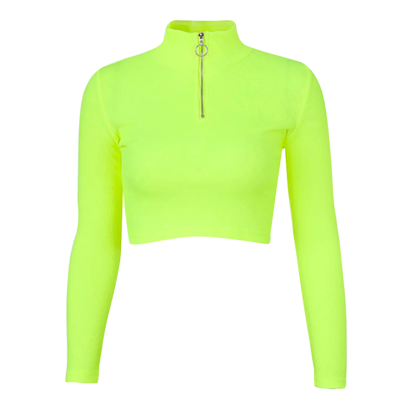 

Women High Neck Rib Crop Top T-shirt Long Sleeve Crop Shirt Solid High Neck Front Zipper T-Shirt Autumn Spring Fashion Moto Punk