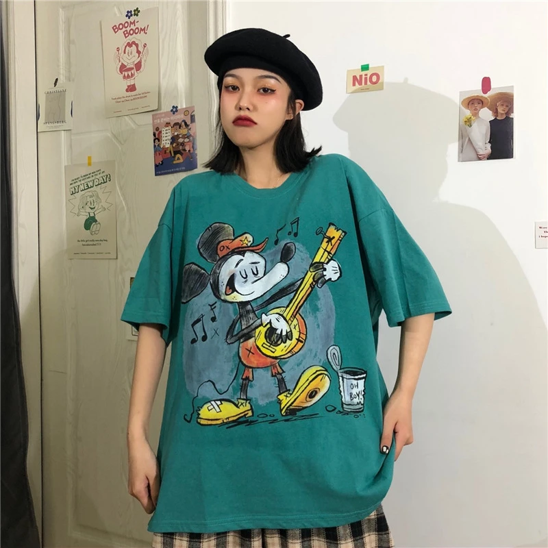 

Cartoon Cotton Mickey Mouse Playing Loose Mid-length Women's Tshirt Harajuku Shirt Korean Clothes Ladies Clothing HarajukuTshirt