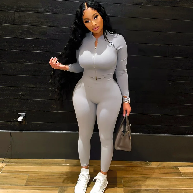 

S-L Ladies Long Sleeve 2 Pieces Sets Women Stand Collar Fashion Solid Color Autumn High Waist Outfits Wholesale Dropshipping