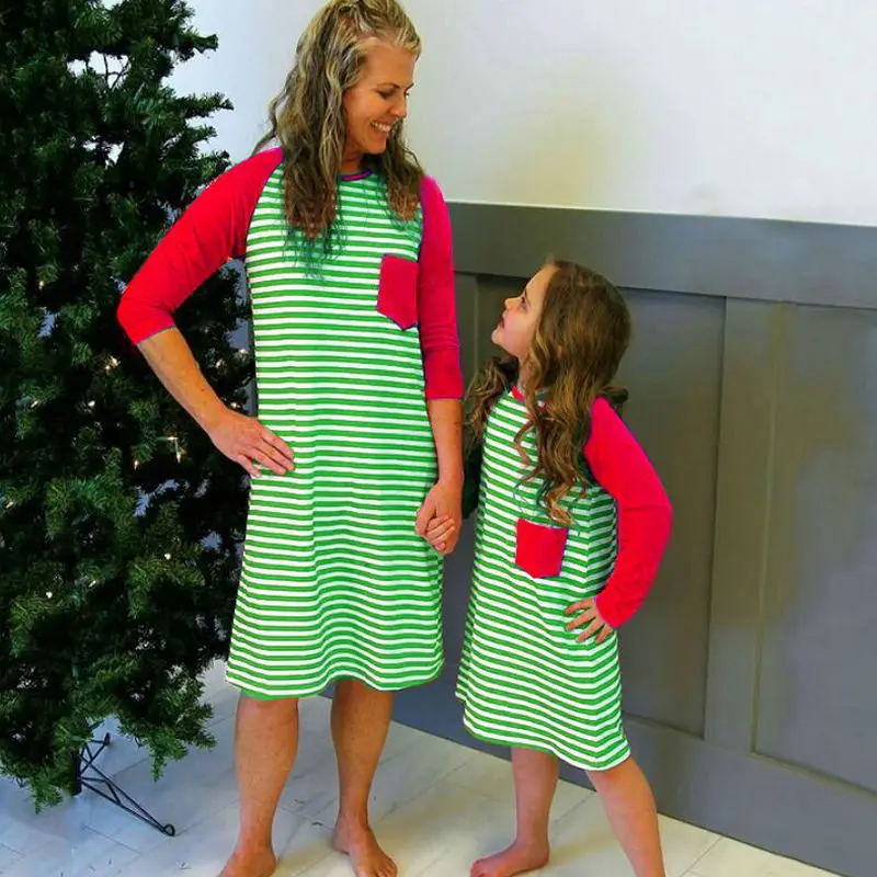 

Long Sleeve Striped Mommy And Me Christmas Dress Family Matching Outfits Autumn Clothes Long Sleeve Mother Daughter Xmas Dresses