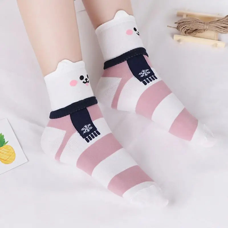 5 пар женские носки до лодыжки с объемными ушками Мультяшные животные в полоску