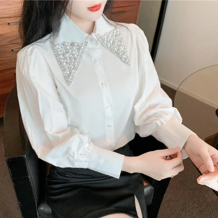 Женская офисная блузка с длинным рукавом элегантная белая отложным воротником и