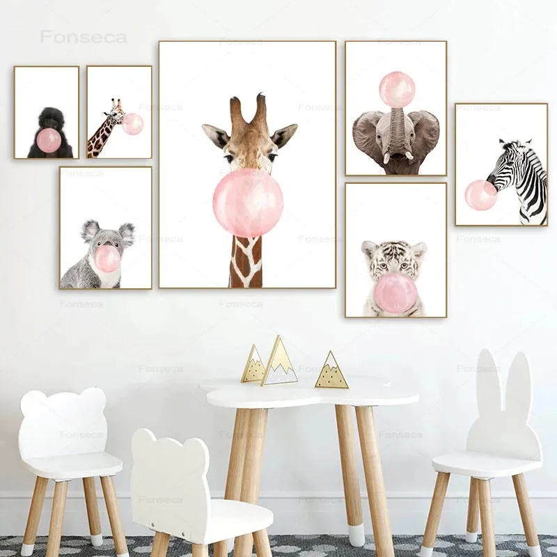 

Pink Bubble Elephant Giraffe Child Poster Animal Wall Art Canvas Nursery Print Painting Nordic Kid Baby Room Decoration Picture