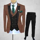 Модный Роскошный клетчатый костюм цвета Бургунди для мужчин, 3 предмета, приталенная куртка под заказ, свадебное платье для жениха, смокинг, Блейзер, жилет, брюки, 2021