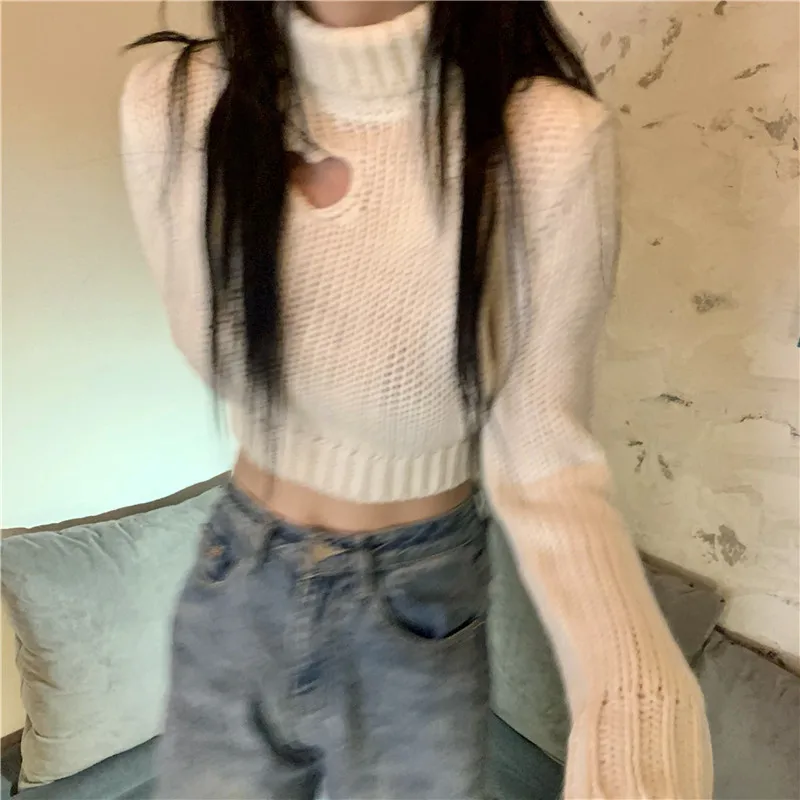 Женские укороченные свитера с воротником-хомутом ажурный дизайн Y2K популярные