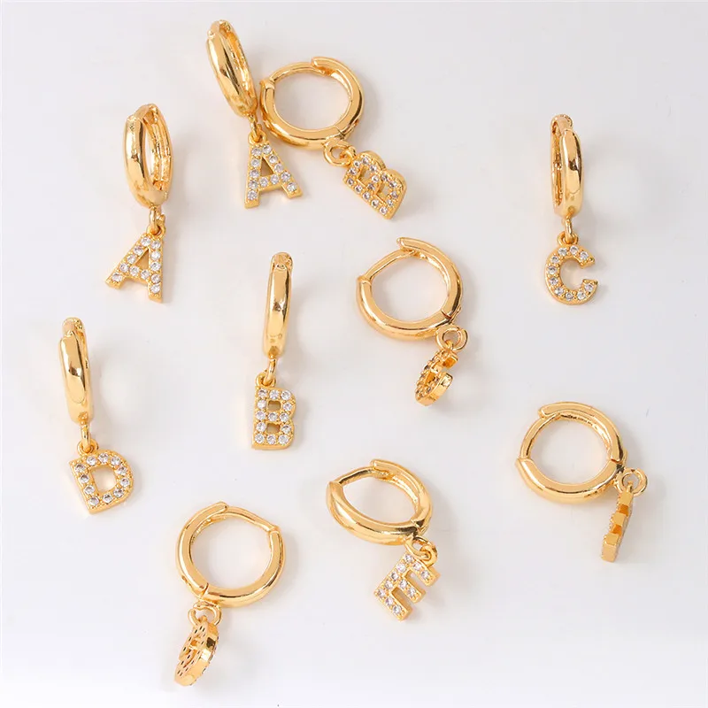 Fashion 26 Alphabet A-Z Rhinestones Hoop Earrings for Women Gold Small Letter Tiny Huggie Hoops Minimalist Jewelry | Украшения и