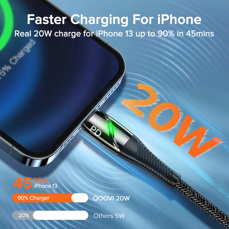Кабель зарядный QOOVI PD 20 Вт USB Type-C для iPhone 13 Mini 12 11 Pro Max Xs X Xr 8 7 iPad Air MacBook провод