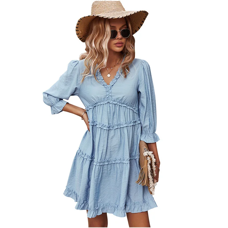 

2021 Summer Women's New Chiffon Dress Elegant V-neck Solid Color Casual Bohemian Beach Party Mini Dress