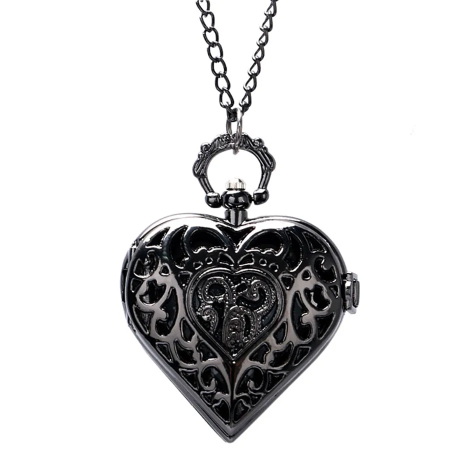 Black Ретро в форме сердца бронзовые подвесные карманные часы с necklace ем цепочкой крутые Кварцевые Fob часы для женщин девушек лучший подарок - Цвет: Black