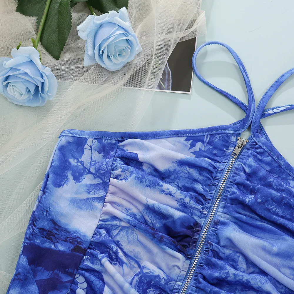 Сексуальным вырезом на спине и синего цвета с принтом тай дай печатные камзол 2021