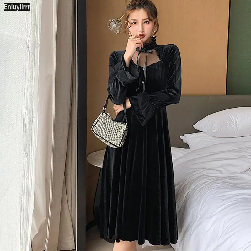 Женское бархатное платье длинное элегантное лоскутное Сетчатое черного и