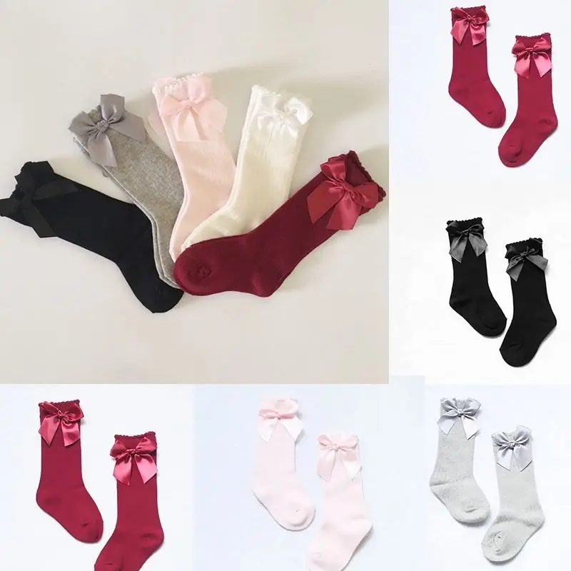 

Fashion Newborn Baby Girls Princess Knee High Socks Cotton Bow Knee Sock Ribbon Socks Set 0-4Y Stockings Baby Accessories Summer