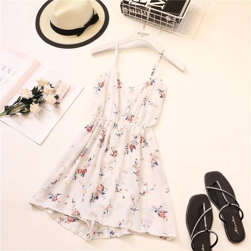 

Summer 2021 New Dress Women Small Fragrance Print Slim Chiffon High Waist Spaghetti Strap Strap Playsuit Woman Dress