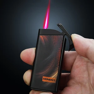 HONEST Ultra-thin Red Flame Butane Gas Inflatable Lighter Turbo Jet Flashlight Metal Windproof Cigarette Lighter Men’s Gift
