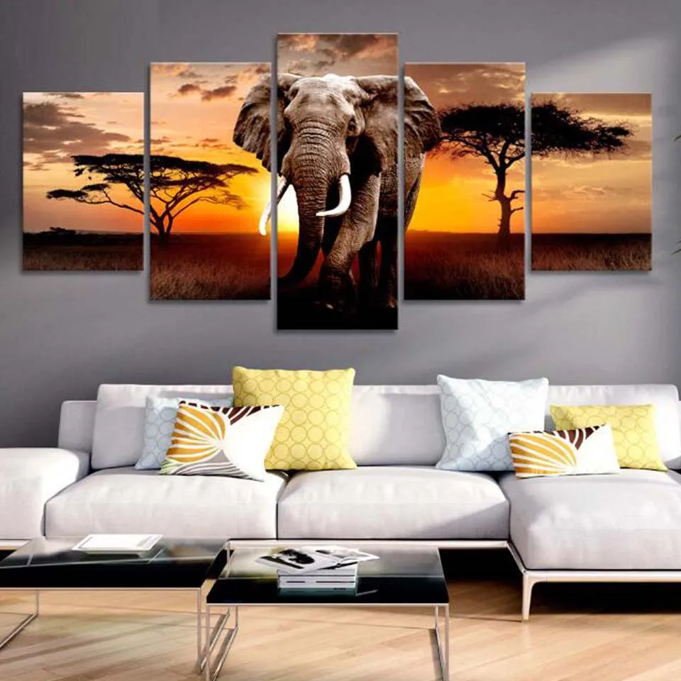 

African elephant 5 pieces canvas art printing graphic image wall decoration landscape nature wall art canvas painting pictures