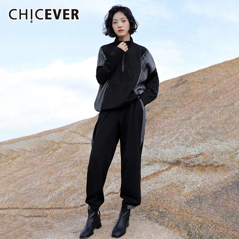 

CHICEVER Casual Two Piece Sets For Women Turtleneck Loose Long Sleeve Colorblock Tops Long Pencil Pants Female 2021 Autumn Style