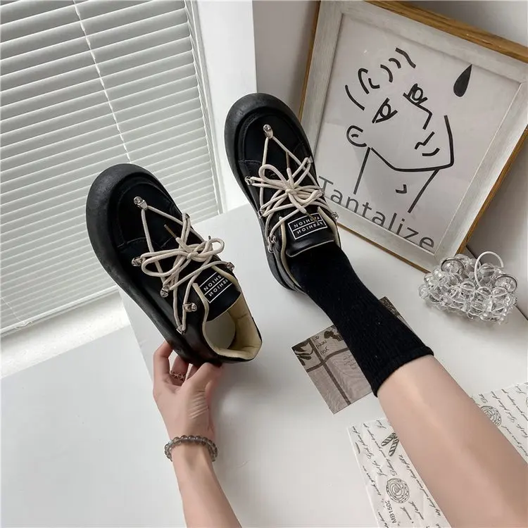 Casual Spring/Autumn Womens Shoes 2021 Fashion Flats Round Toe Lace-up Thick Bottom Breathable All-match Solid High Quality PU