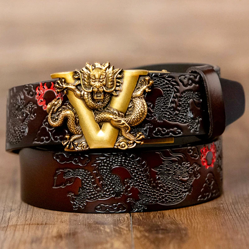 New Male China Dragon Belt Cowskin Genuine Leather Belt for Men Carving Dragon Pattern Automatic Buckle Belt Strap For Jeans