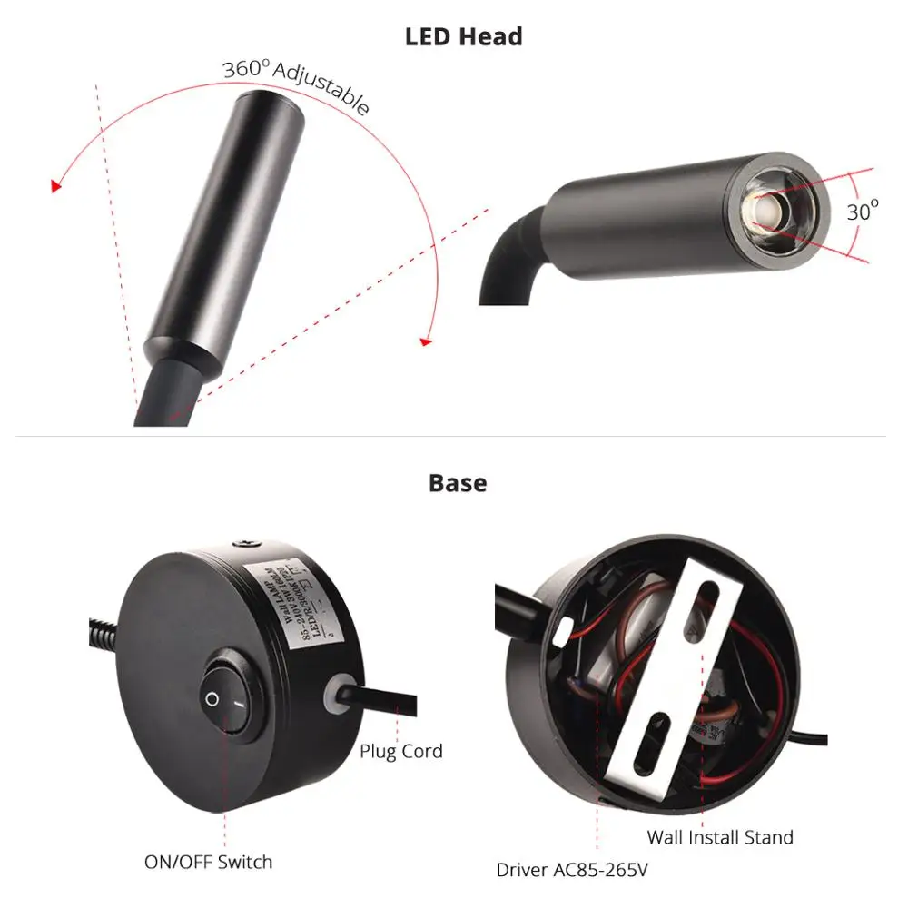 Beste 2 Stuks Nieuwe Ontwerp Leeslamp Led Wandlamp 3W Voor Nachtkastje Studie Boek Lamp Zwart Zilver Witte Muur Licht Eu Us Plug Cord