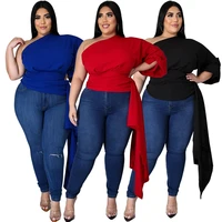 xl 5xl women office ladies casual tops oversize solid color slanted shoulder puff sleeve asymmetric top plus size women clothing