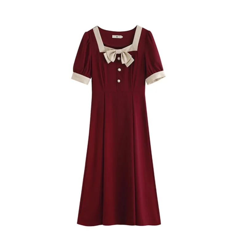 

French Dress Female Summer New Sweet First Love Design Sense Niche Small Black Red A-line Medium Length Skirt Square Neck