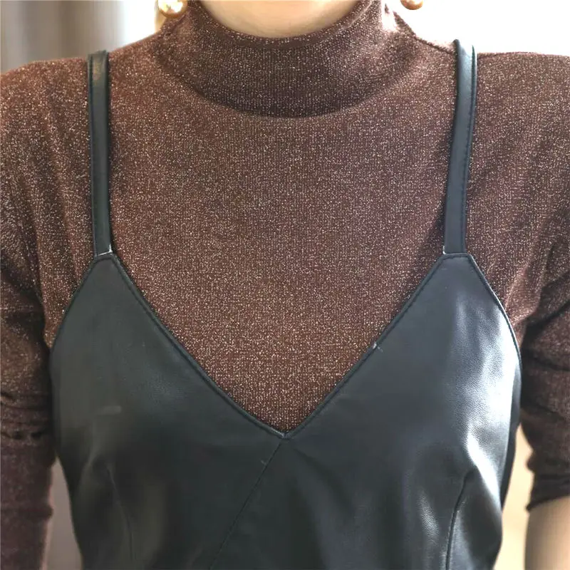 Платье из натуральной кожи Гламурное с v-образным вырезом сетчатый подол