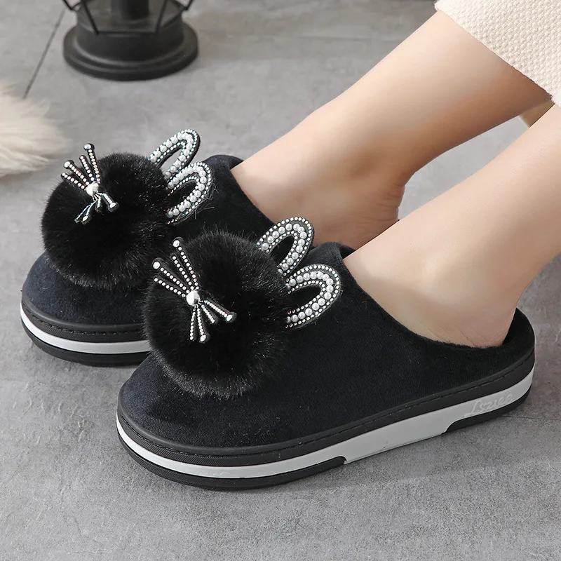 

Designer pompom slippers bedroom flurry slides for women cotton home shoes knee warm plush indoor slippers ladies flats 2021 new