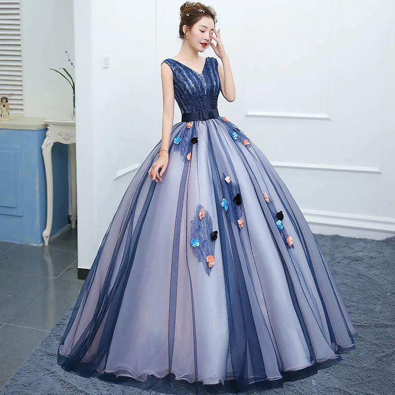 

V Neck Beaded Tulle Quinceanera Dresses 2020 Gala Gowns Hand Flowers Lace Up Backless Vestido De Quincenera Dress Girls 15 Robe