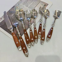 1pcs wood handle steak knives table fork dinner spoon western cutlery teaspoon dinnerware stainless steel classic tableware