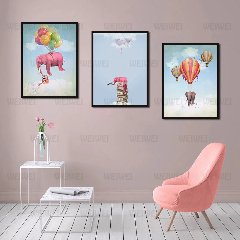 

Cartoon Style Mural Flying Pink Elephant Frameless Poster Home Bedroom Fresco Living Room Decoration Canvas Painting Print