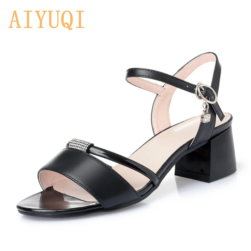 

Genuine Leather Women's Sandals 2021 New Fashion Ladies Sandals Mid-heel Large Size Sandals Women Summer Footwear