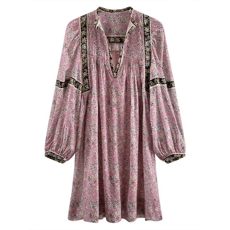 

2020 round neck lantern sleeves flower printed pleated pullover loose camois mini length dress female vestido U855