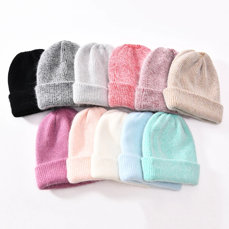 

Winter Hat 2021 New for Women Rabbit Cashmere Knitted Beanies Thick Warm Vogue Ladies Wool Hat Female Beanie Hats